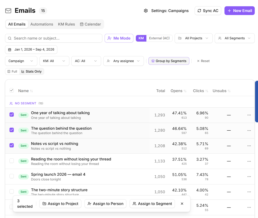 Three campaigns selected with the bulk assign bar showing