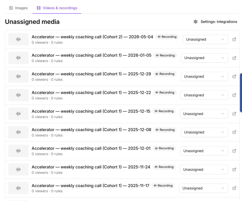 Videos and recordings tab with the unassigned filter applied