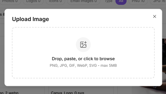 Upload Image dialog open showing the drop area and accepted file types