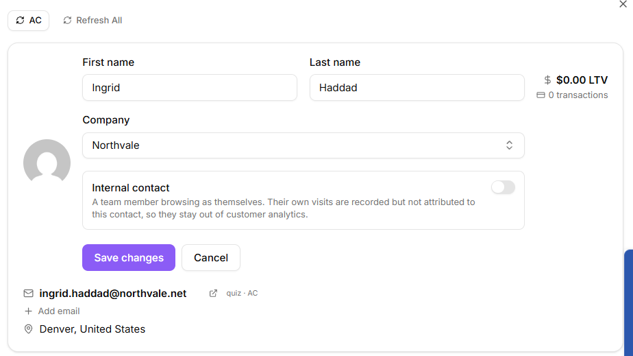 Contact panel open with the edit form showing first name, last name and company