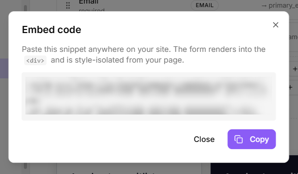 Embed code dialog open showing the snippet and the Copy button