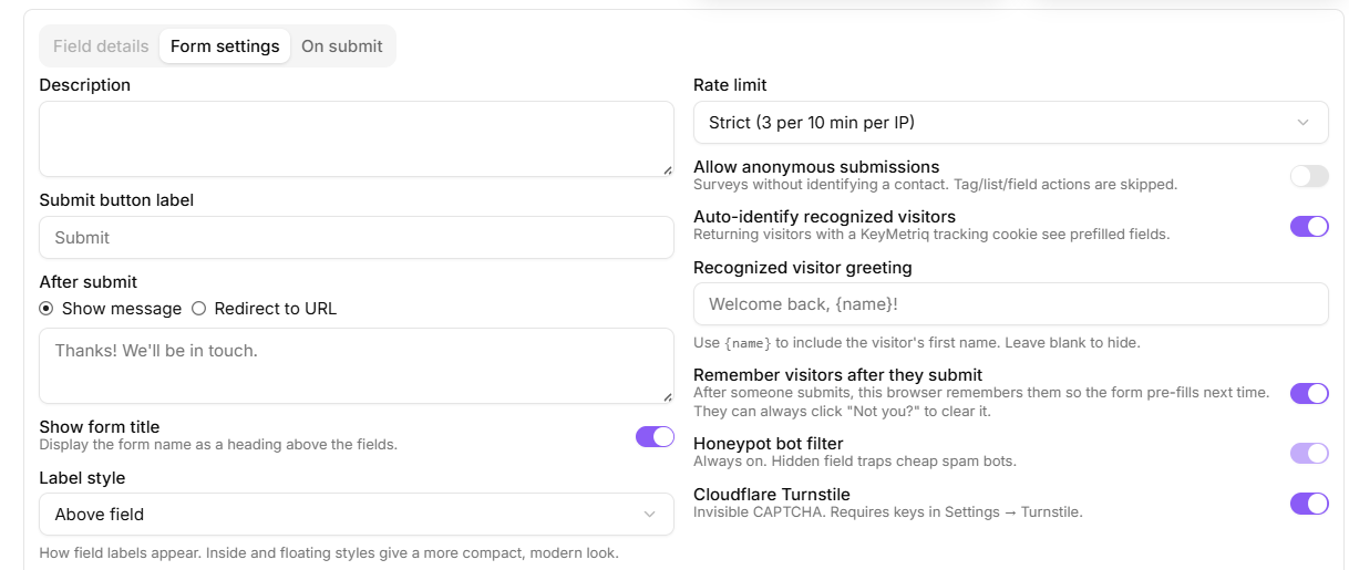 Form settings tab scrolled to the rate limit, honeypot and auto-identify options