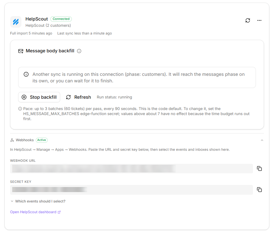 HelpScout card expanded showing the webhook URL and secret key
