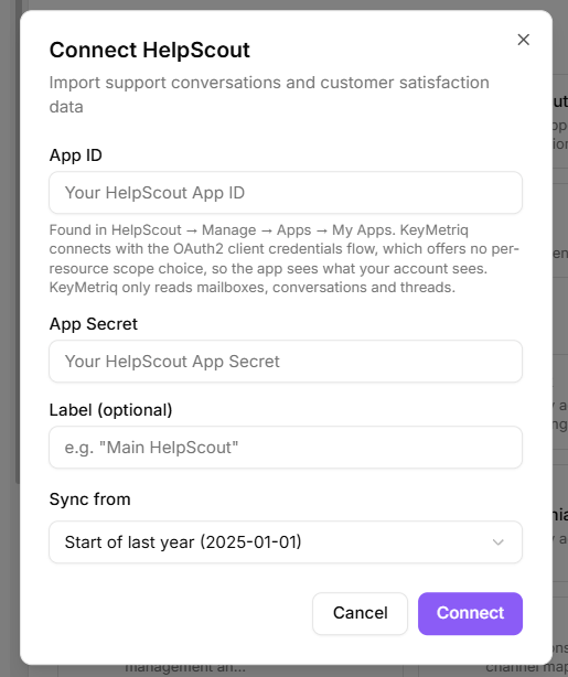 Connect HelpScout dialog with App ID and App Secret fields