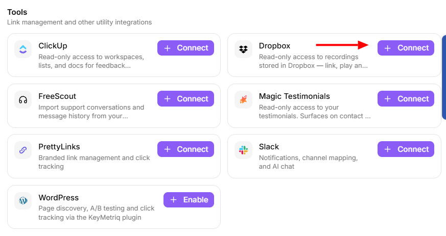 Dropbox card under the Tools group showing the Connect button