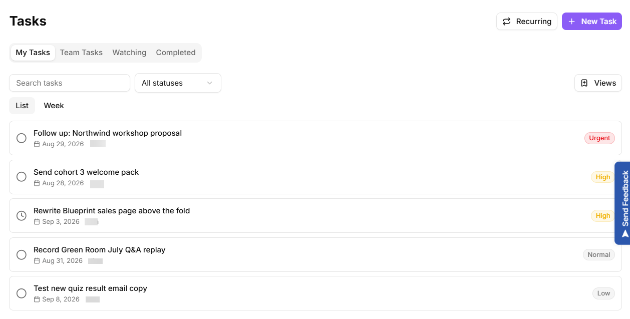 Tasks page on My Tasks with several open tasks of different priorities