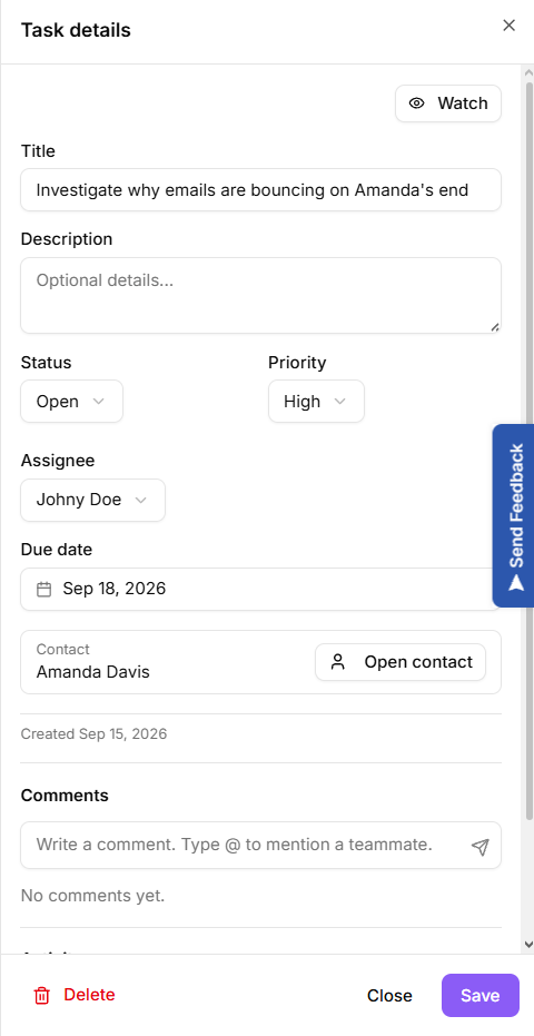 Task detail open showing status, priority, assignee, due date and a link back to a campaign