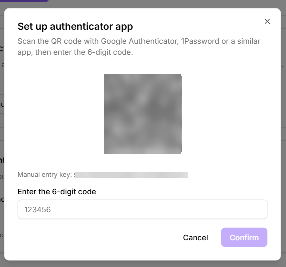 Set up authenticator app dialog showing the QR code and the 6-digit code field