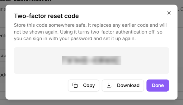 Two-factor reset code panel showing a freshly generated code with copy and download