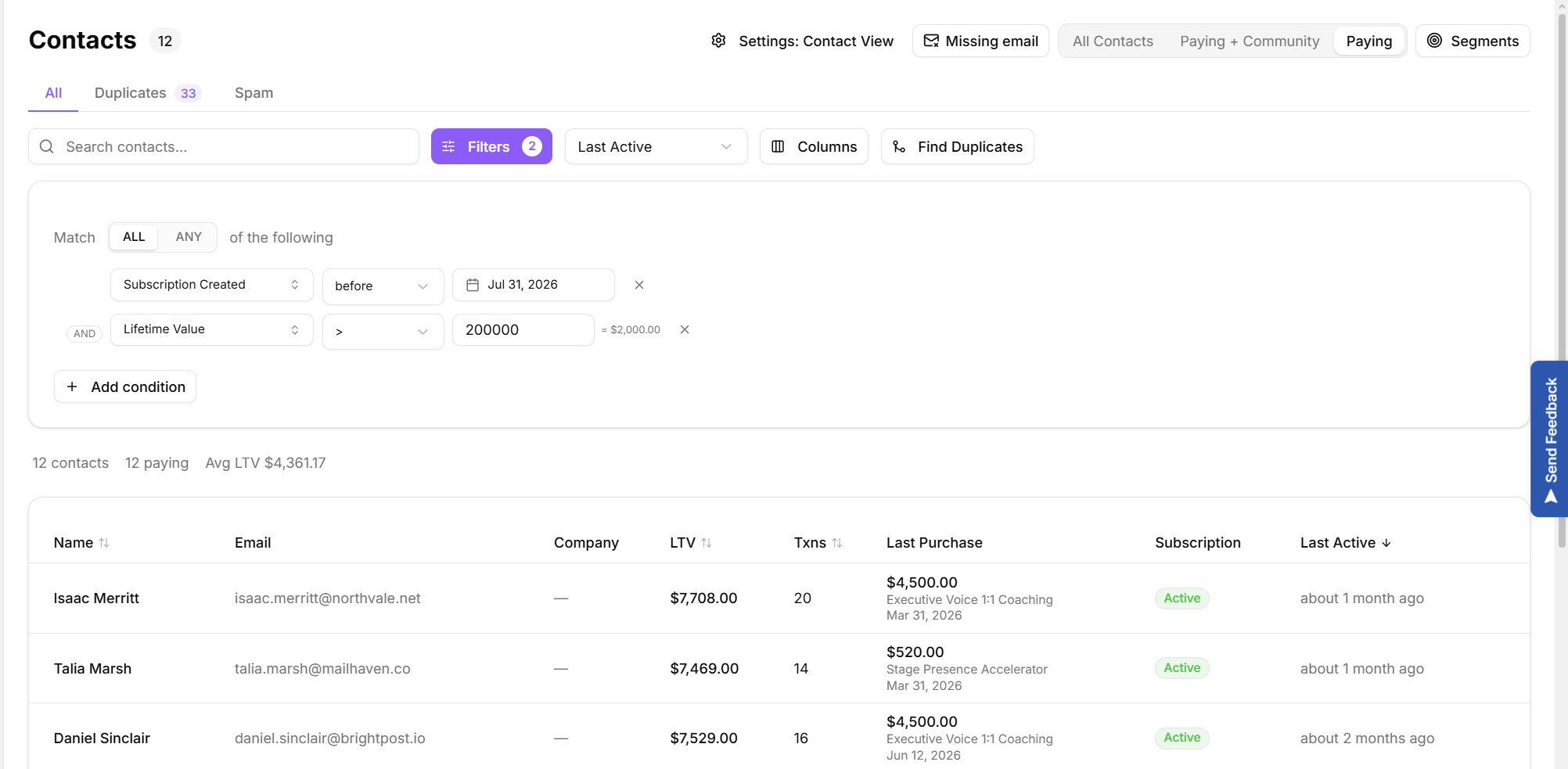 Contacts Page with filters panel open with subscription and LTV filters set