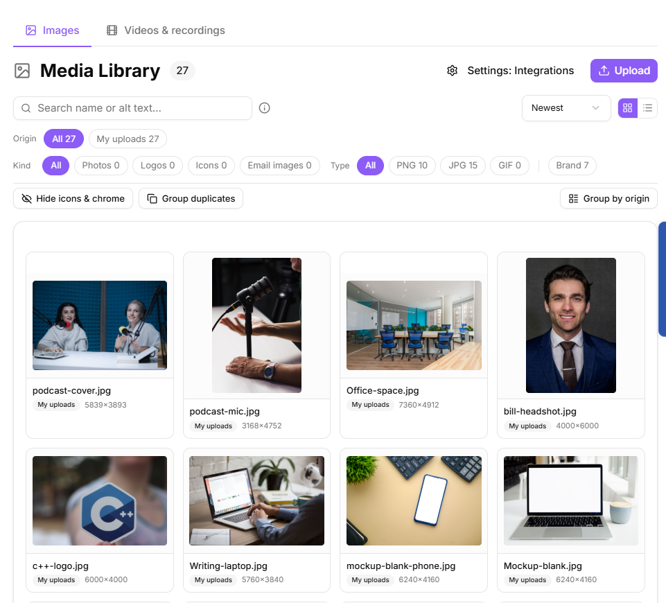 Media Library on the Images tab showing a grid of images with the filter bar