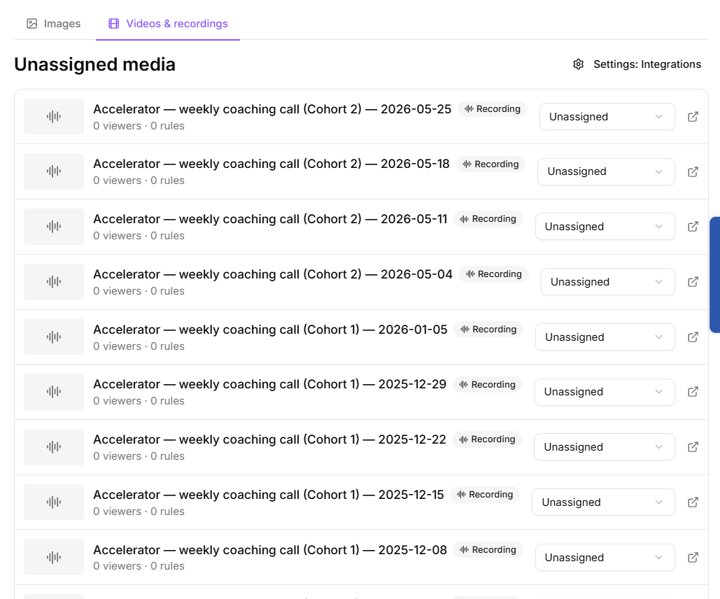 Videos and recordings tab listing tracked videos with viewer counts and completion