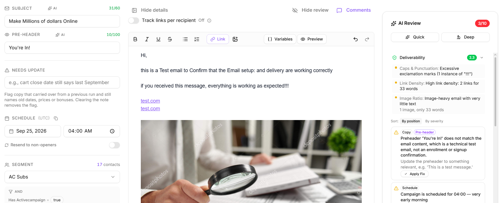 Deliverability at the top of the AI review panel