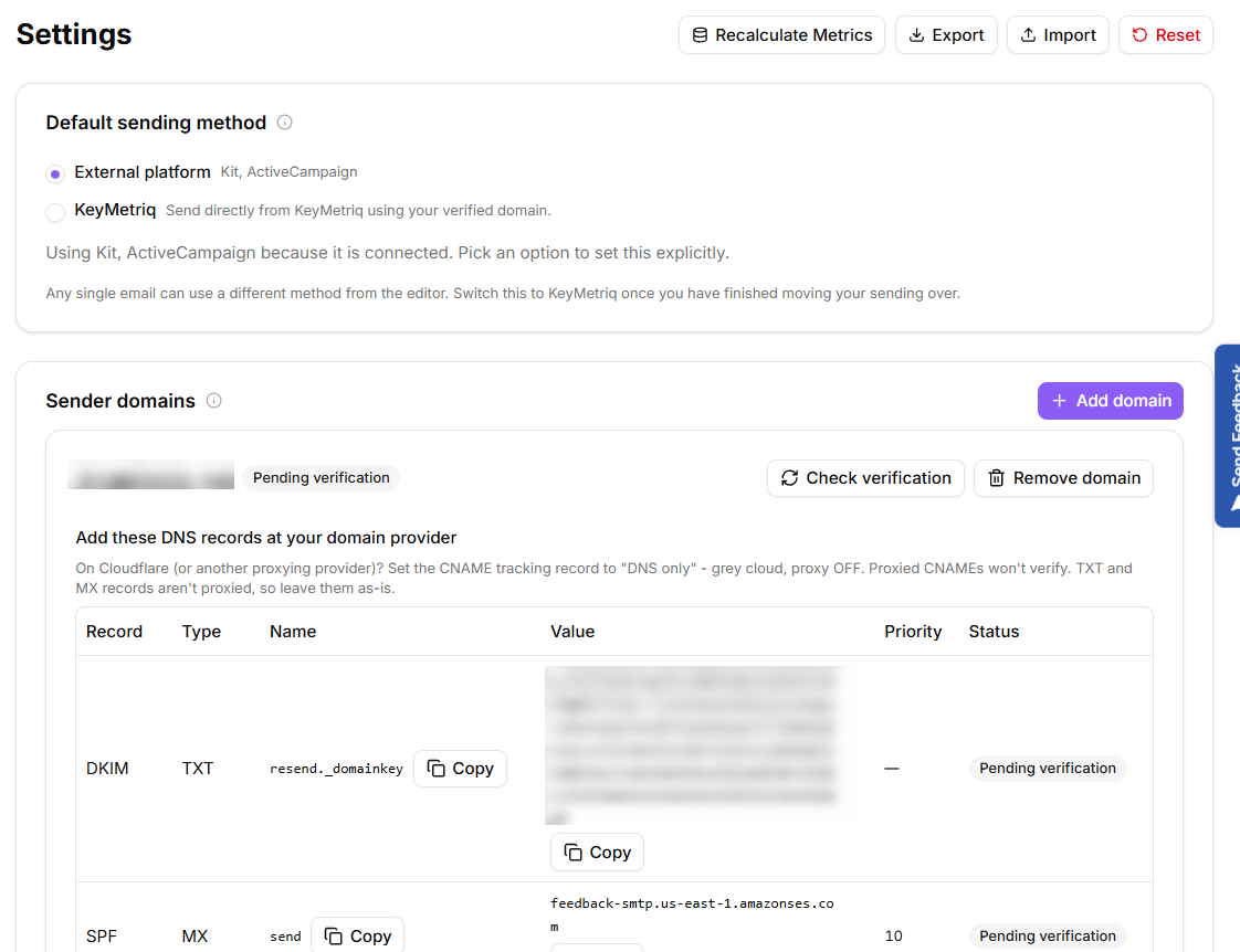 Email sending settings with a pending domain and its DNS record table