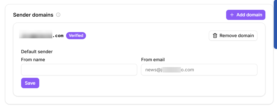 Email sending settings showing a Verified domain badge