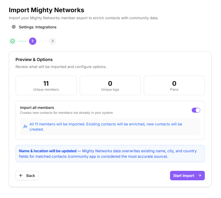 step 2 preview showing match stats, the tag list and the Import all members toggle