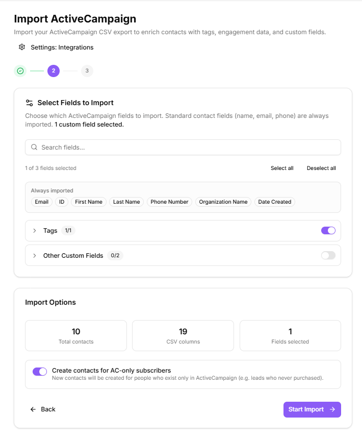 Step 2 preview showing match counts and the create-contacts toggle