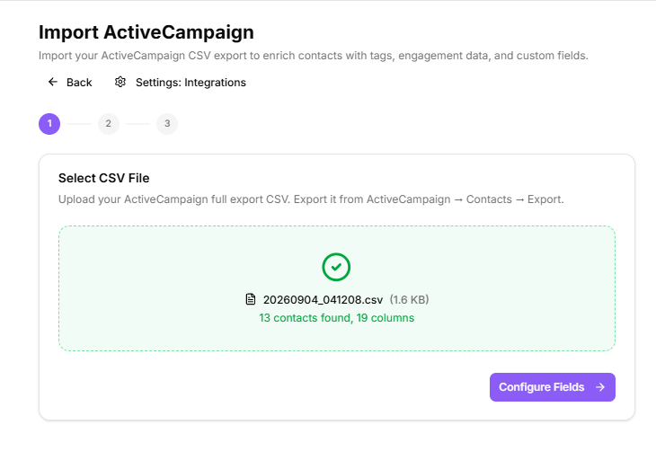 step 1 with a valid CSV loaded showing the Valid CSV confirmation