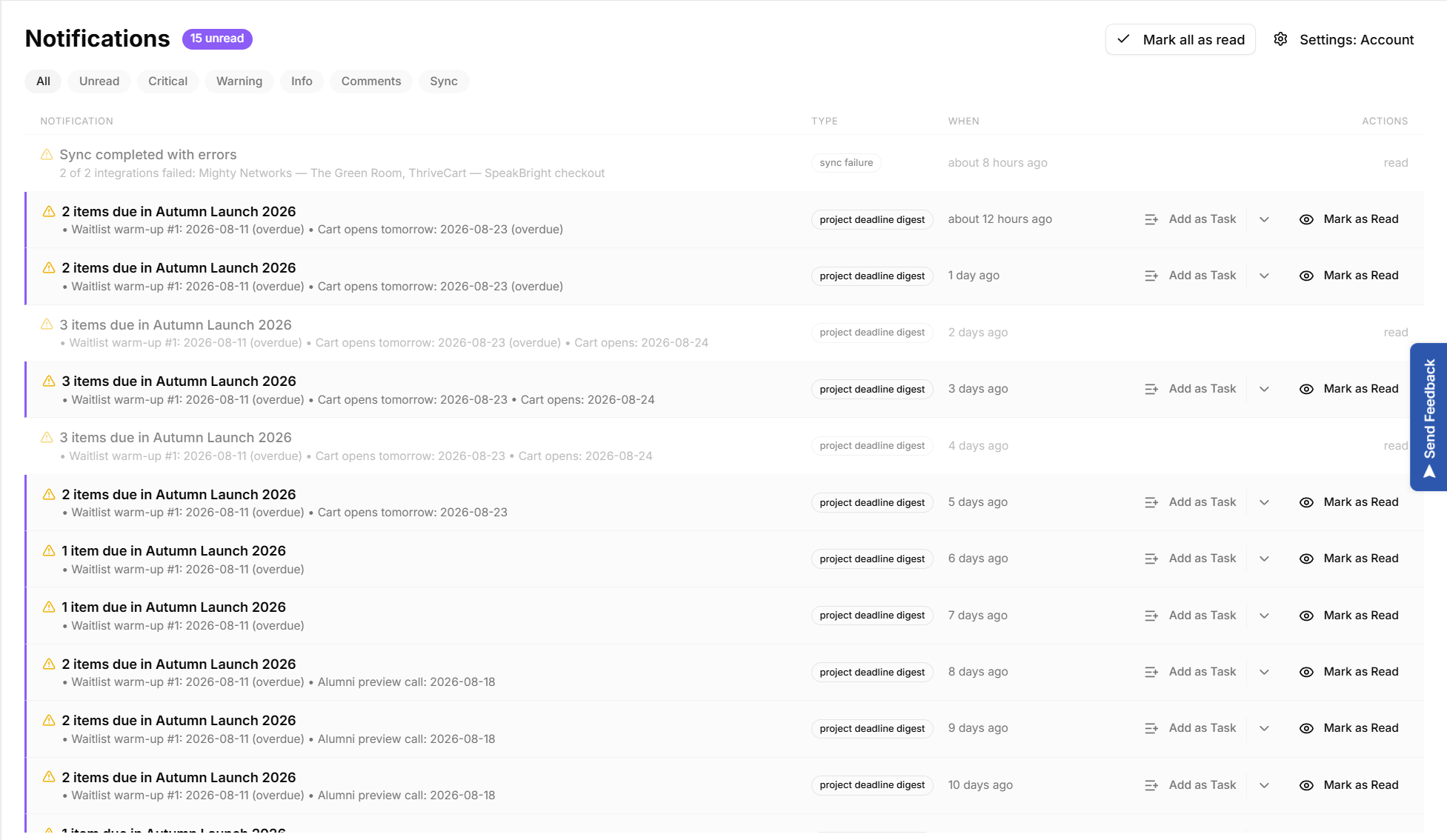 Notifications list