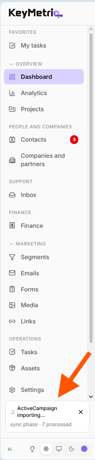Sidebar import widget mid-import showing a phase and a processed count