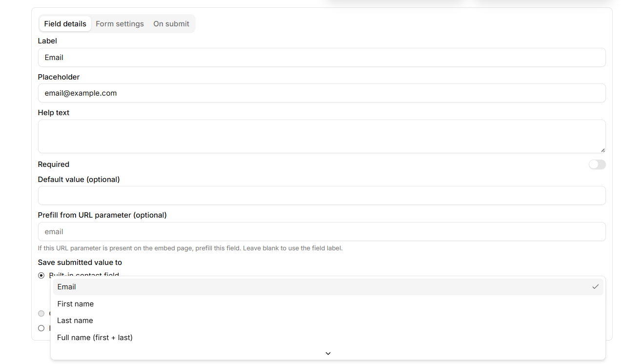 Field details tab with a field selected and the Save submitted value to picker open