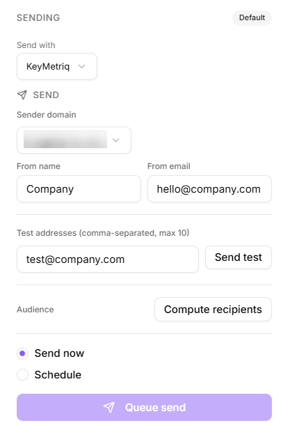 Send panel showing the sender fields and the test send box