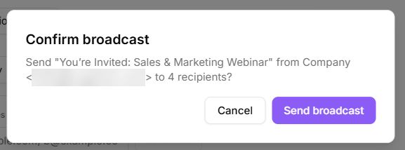 Confirm broadcast dialog showing subject, sender and recipient count