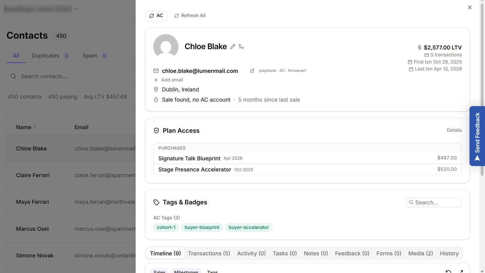Contact panel open on the right over the contacts list