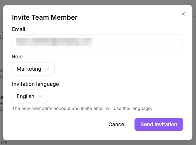 Team member invitation box