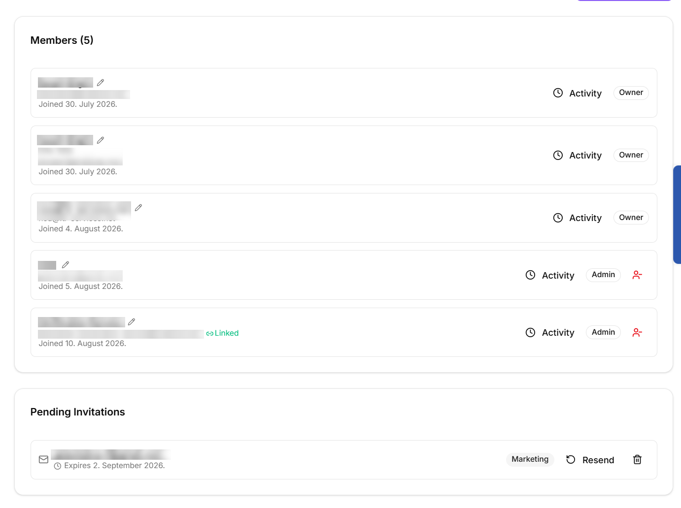 Team tab showing the Members list and a Pending Invitations section