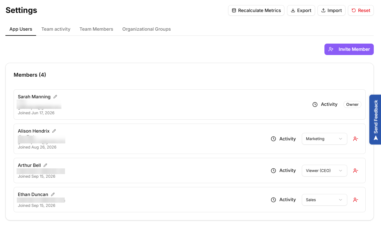 Team tab on App Users showing the members list with roles